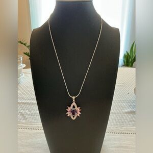 Amethyst Glass Silver Tone Pendant Necklace